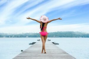 woman, bikini, lake, boardwalk, pier, jetty, hat, open arms, swimsuit, swimwear, vacation, holiday, adult, freedom, girl, outdoors, water, young woman, nature, blue water