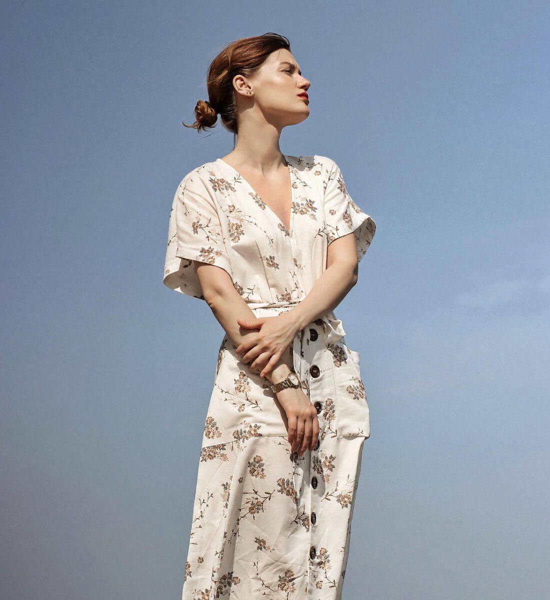woman, portrait, model, dress, fashion, style, stylish, outfit, stylish woman, female model, fashion model, young, nature, floral dress, female portait, sky, look away